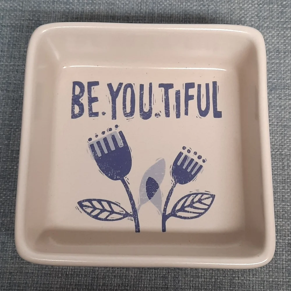 Ceramic Trinket Tray Dresser Dish Be.You.Tiful Jewelry Organizer Square Flowers